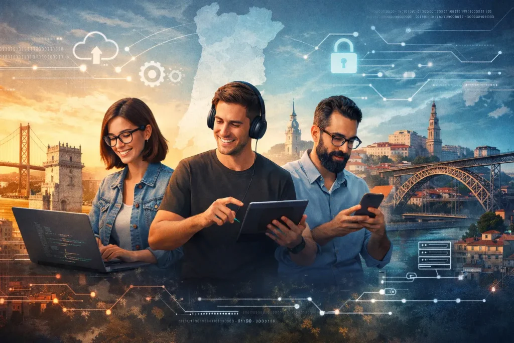 Como contratar profissionais de tecnologia em Portugal com equipe tech usando laptop, tablet e celular, com ícones de cloud e segurança ao fundo