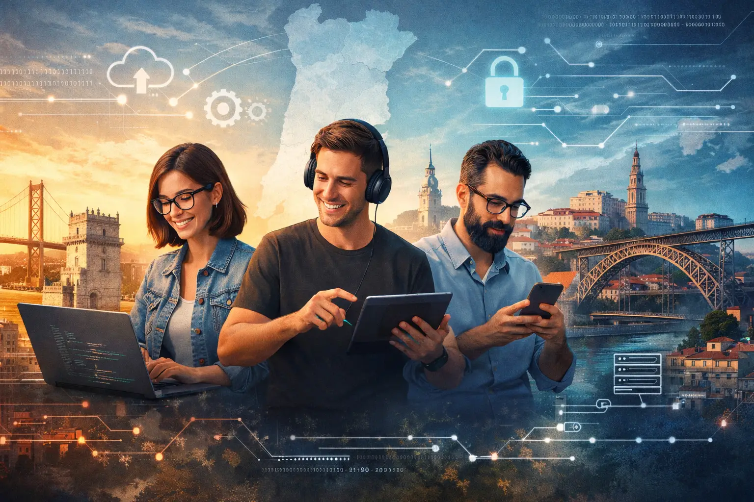 Como contratar profissionais de tecnologia em Portugal com equipe tech usando laptop, tablet e celular, com ícones de cloud e segurança ao fundo