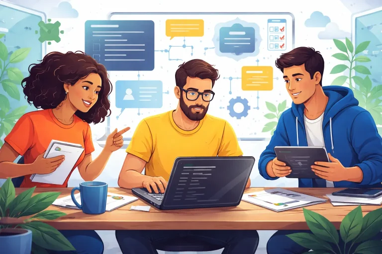 Contratar programador terceirizado com equipe alinhando tarefas em notebook e tablet, em ambiente colaborativo de desenvolvimento