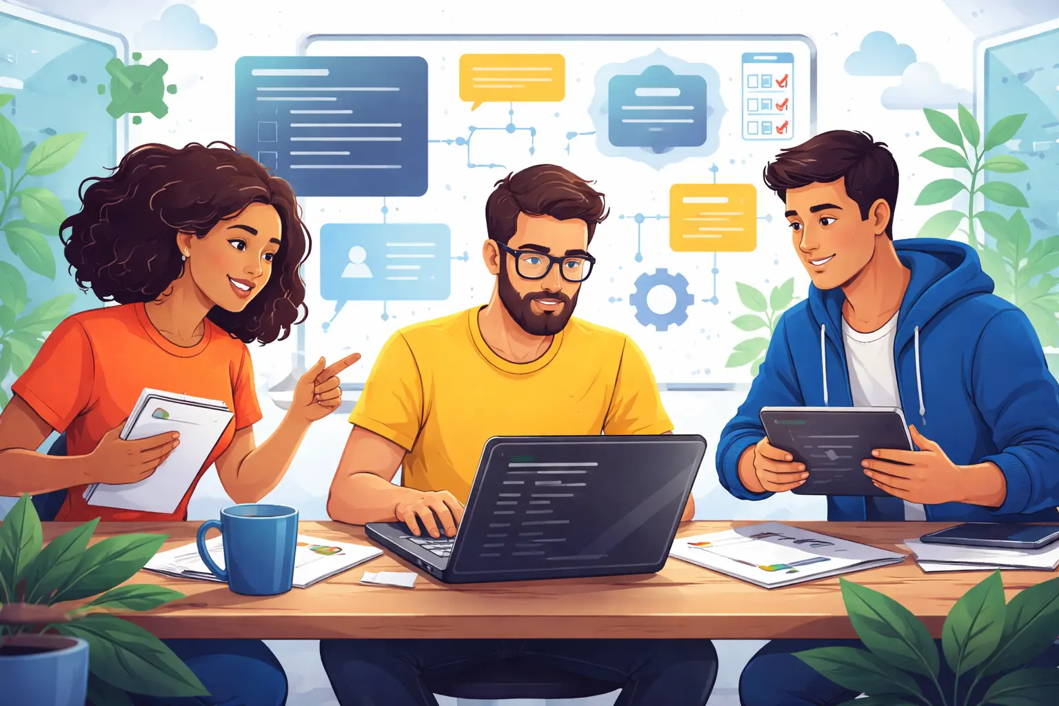 Contratar programador terceirizado com equipe alinhando tarefas em notebook e tablet, em ambiente colaborativo de desenvolvimento