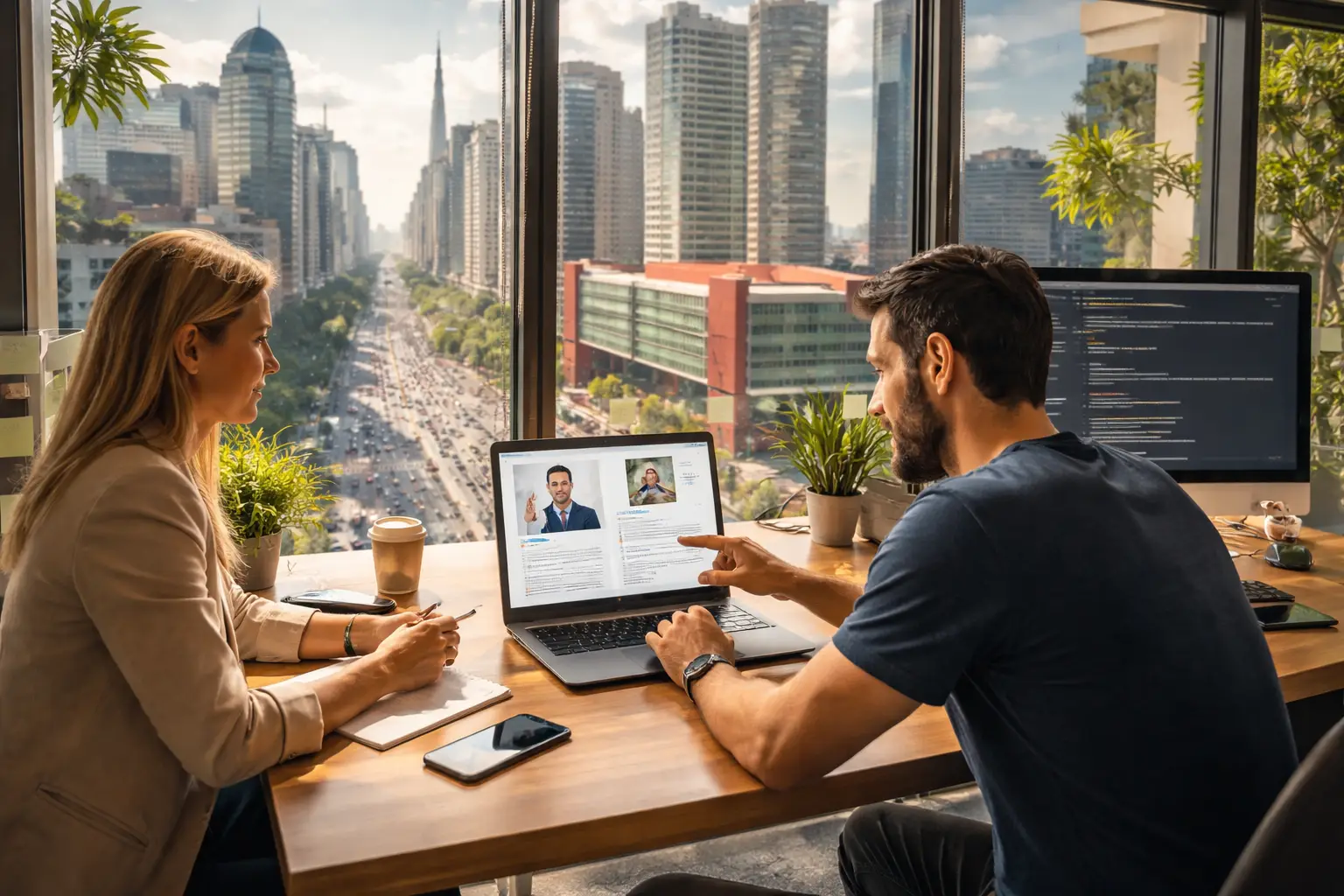Recrutamento especializado TI em São Paulo com recrutadora e gestor avaliando perfis no notebook em escritório com vista da cidade