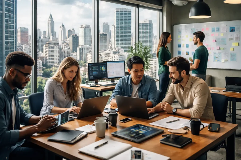 Recrutamento Especializado TI em SP com equipe tech trabalhando em escritório e laptops, representando contratação de profissionais de tecnologia