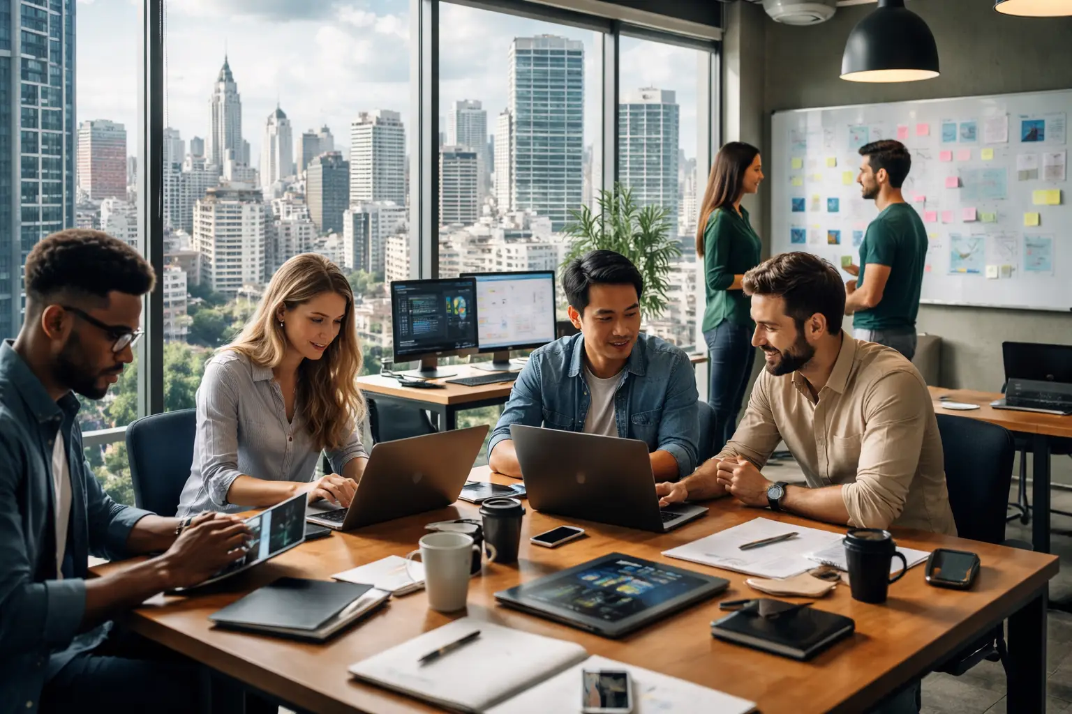 Recrutamento Especializado TI em SP com equipe tech trabalhando em escritório e laptops, representando contratação de profissionais de tecnologia