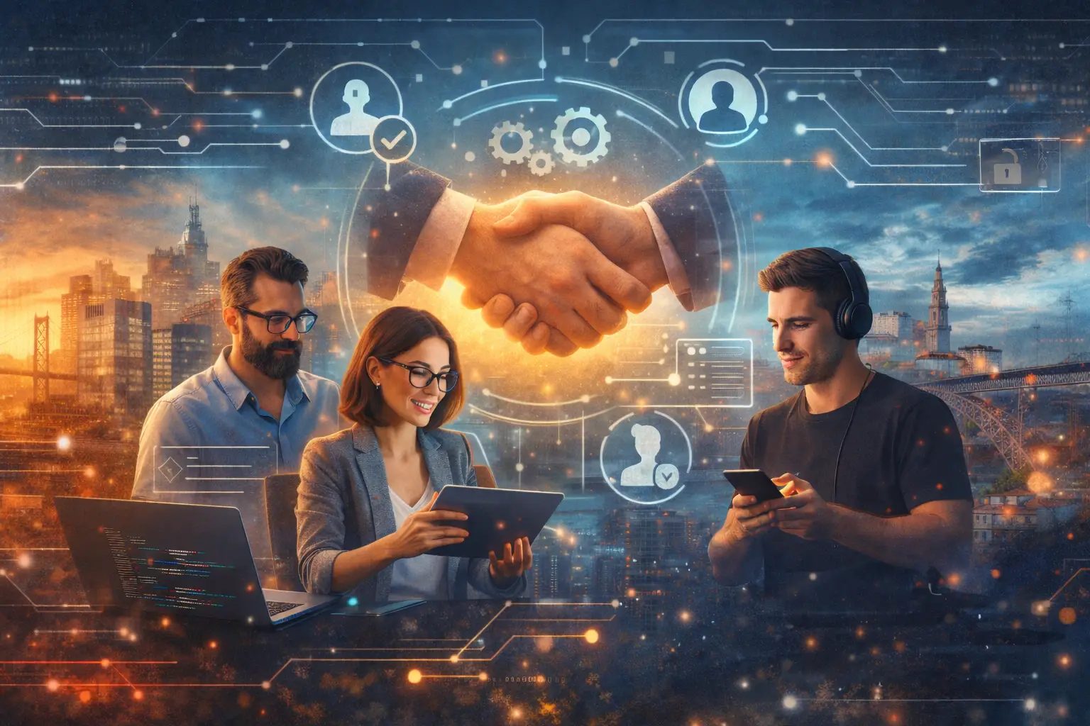 Terceirização de profissionais de TI com aperto de mãos e equipe tech usando laptop e tablet, com ícones digitais de seleção e segurança ao fundo