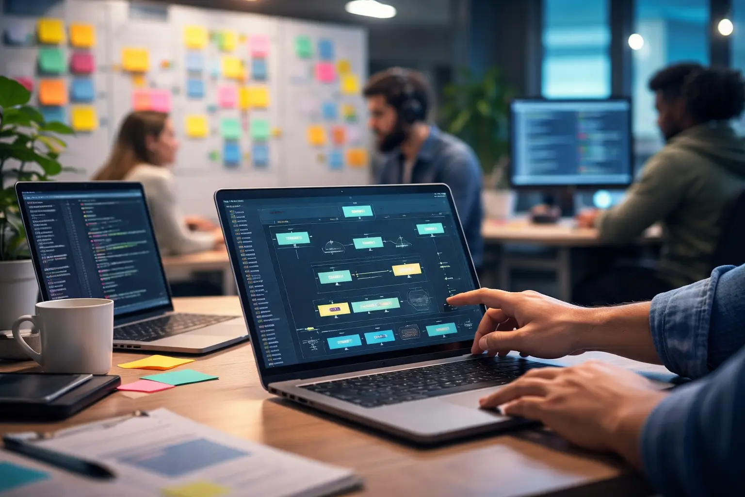Alocação de profissional de TI em ambiente de trabalho com notebook exibindo fluxo de tarefas e equipe tech ao fundo
