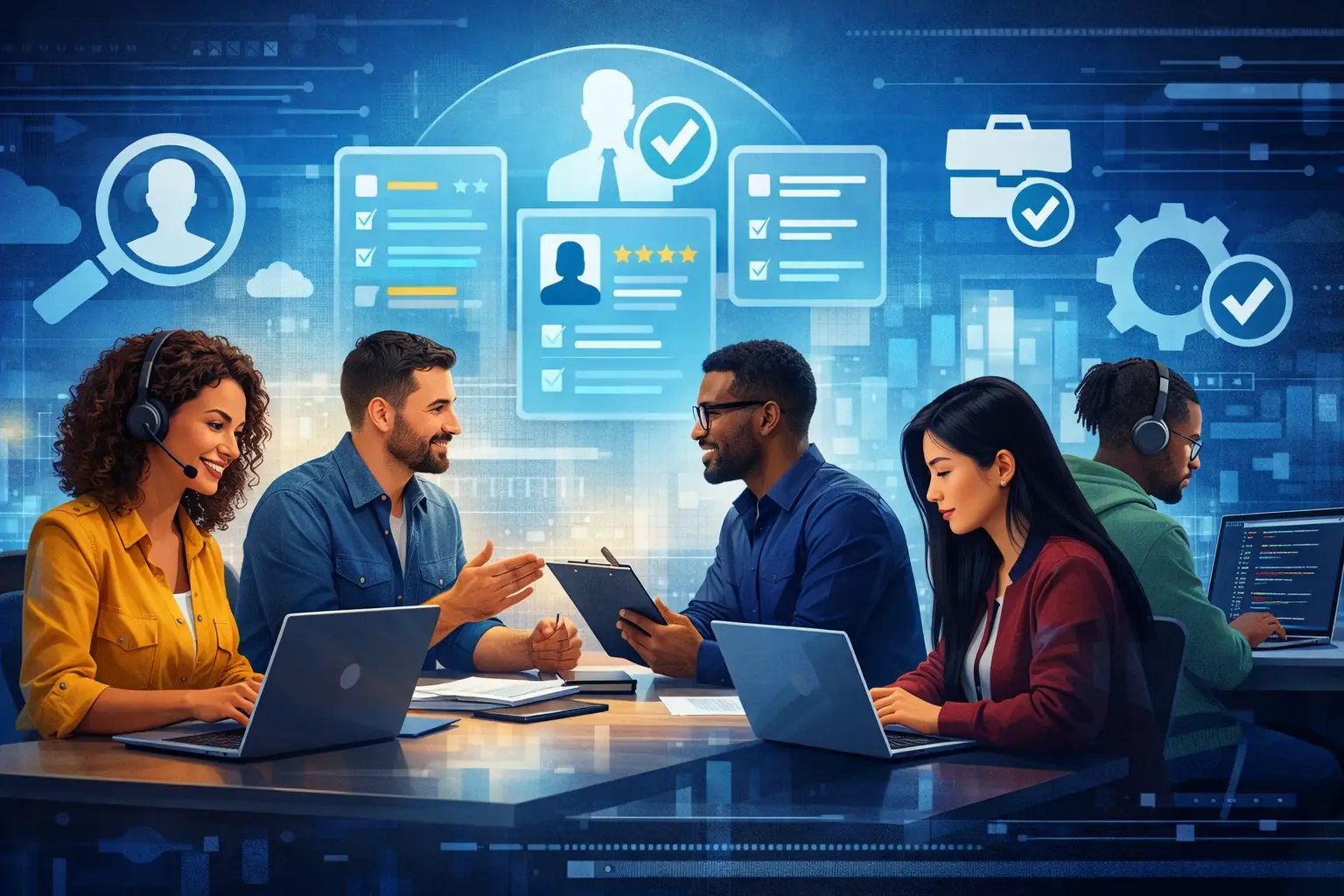 Headhunter TI em reunião de recrutamento avaliando candidatos tech com laptops e checklist de seleção