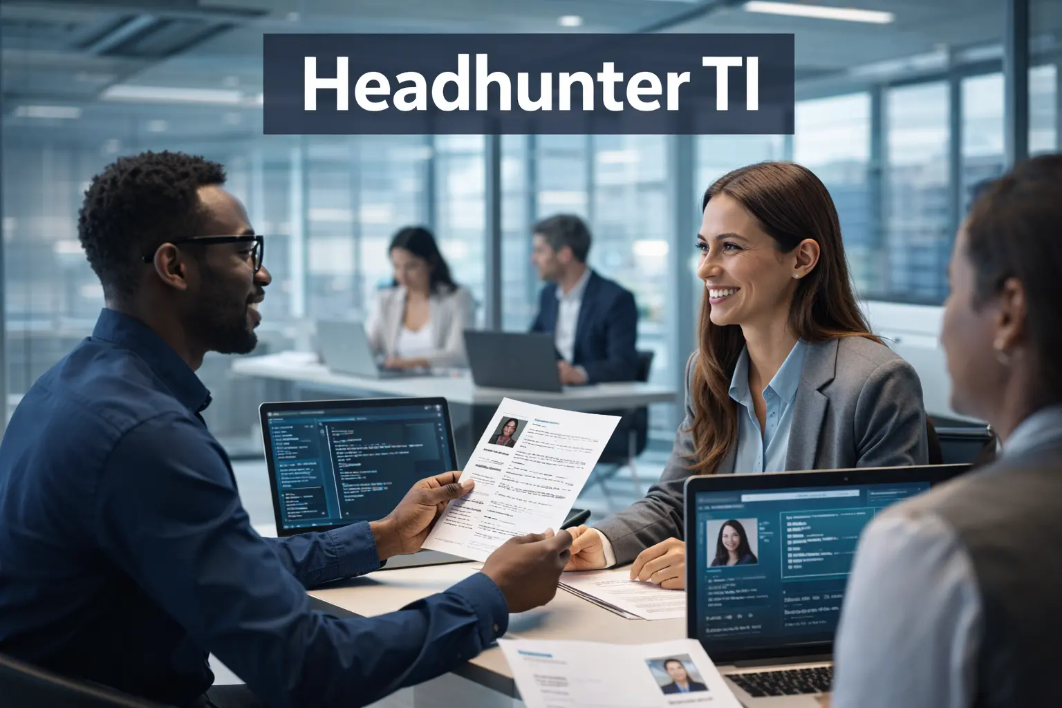 Reunião de recrutamento com headhunter TI entrevistando candidato tech em escritório moderno