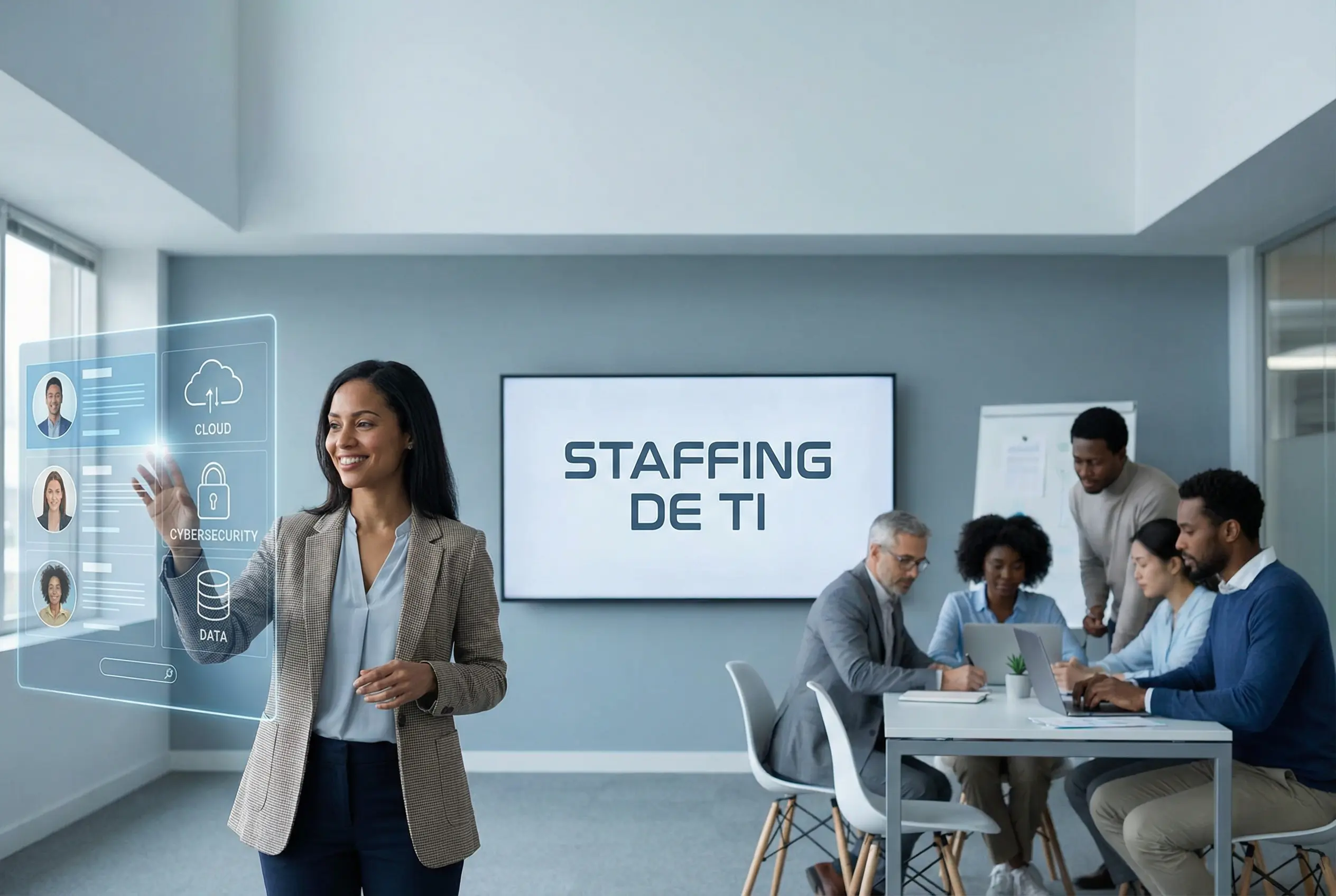 Profissional apresentando soluções de staffing de TI em reunião, com ícones de cloud, cibersegurança e dados.